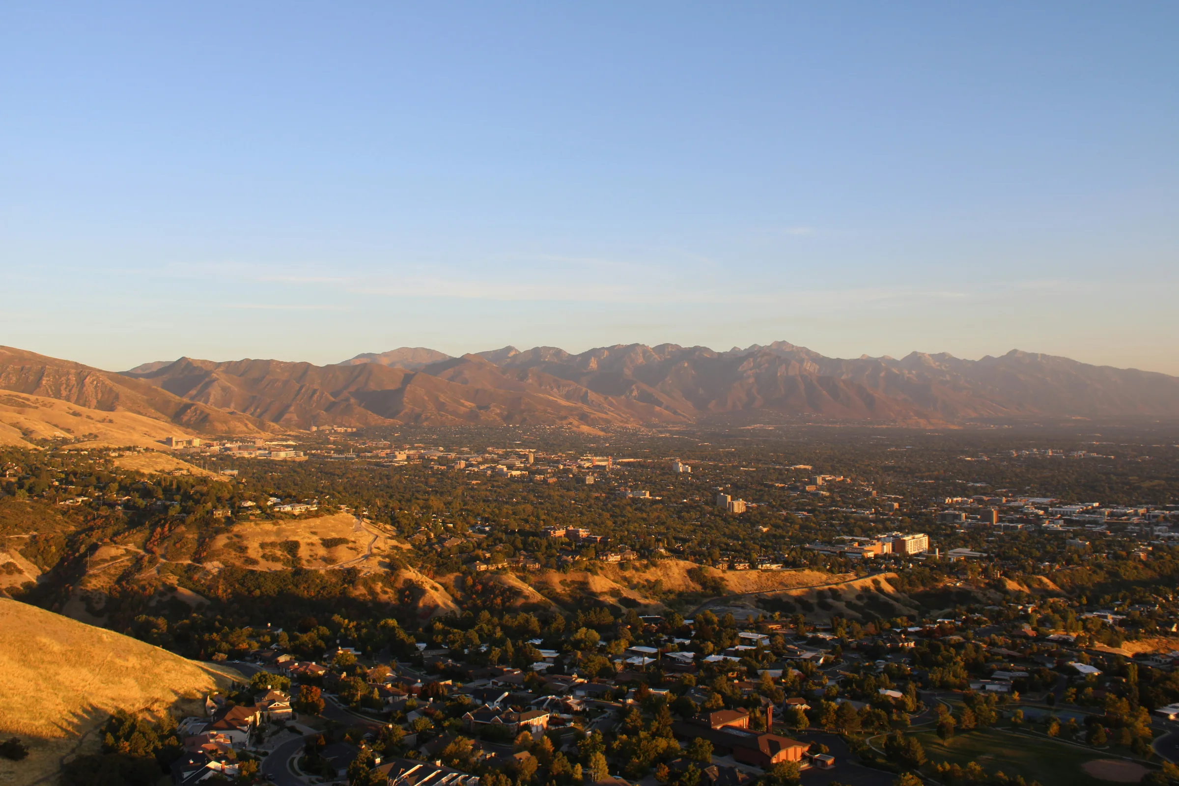 Golden evening light over the Salt Lake valley and Wasatch mountains